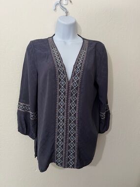 Knox Rose Embroidered Split-Neck Women's Top - Dark Steel Blue